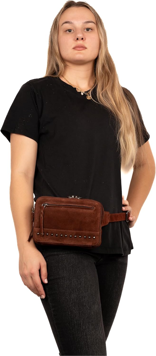 Kailey Concealed Self Defence Waist Bag by Lady Conceal - Buffalo or Suede Cowhide Leather, 3 Open Sides and YKK Locking Zippers with Universal Holster (Dark Brown) - 8' L x 5.5' H x 2.25'