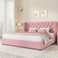 HOMBCK Pink King Size Bed Frame, Upholstered Platform Bed Frame with Velvet Tufted Headboard, Curved Wingback Design, Wooden Slats, No Box Spring, Noise Free, Easy Assembly