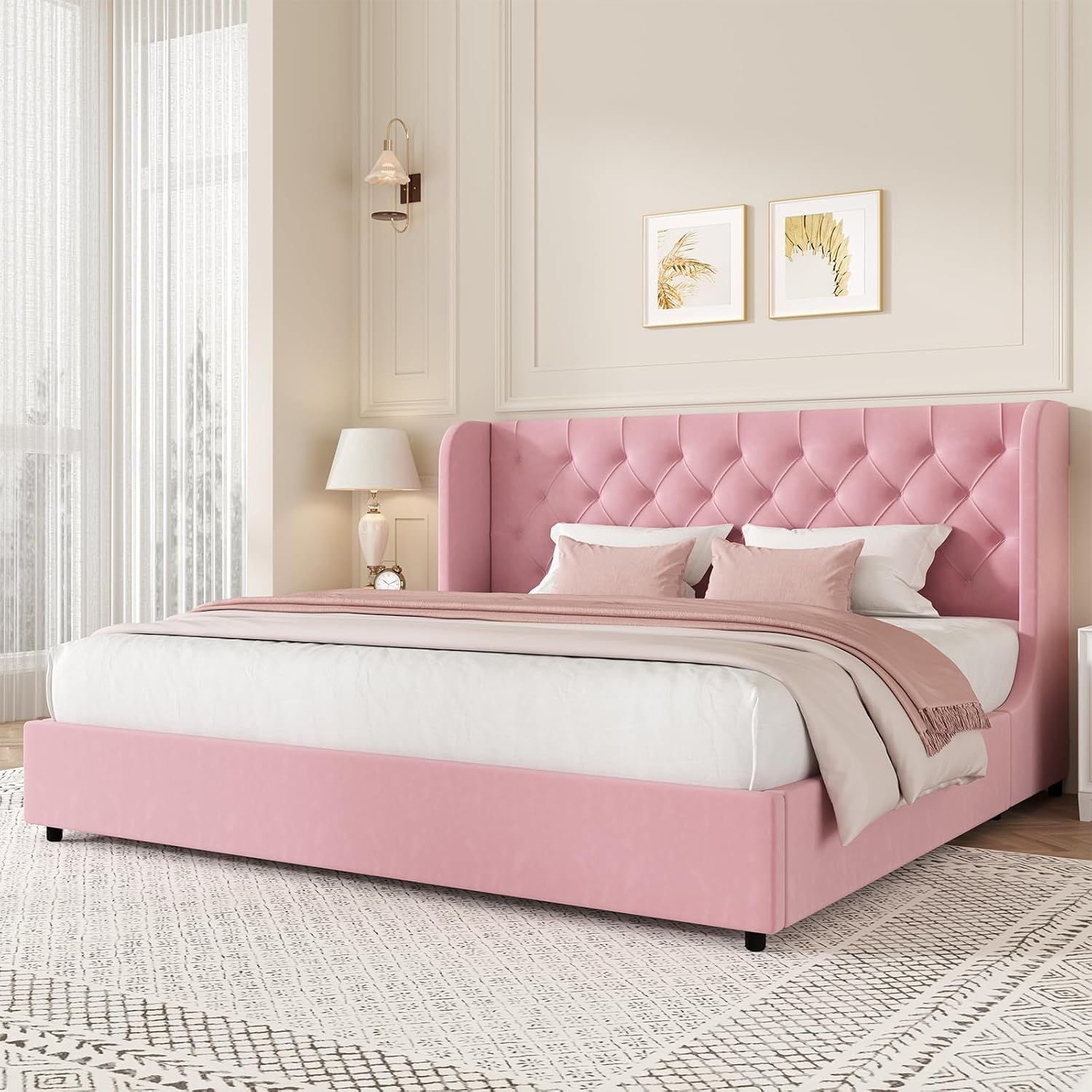 HOMBCK Pink King Size Bed Frame, Upholstered Platform Bed Frame with Velvet Tufted Headboard, Curved Wingback Design, Wooden Slats, No Box Spring, Noise Free, Easy Assembly