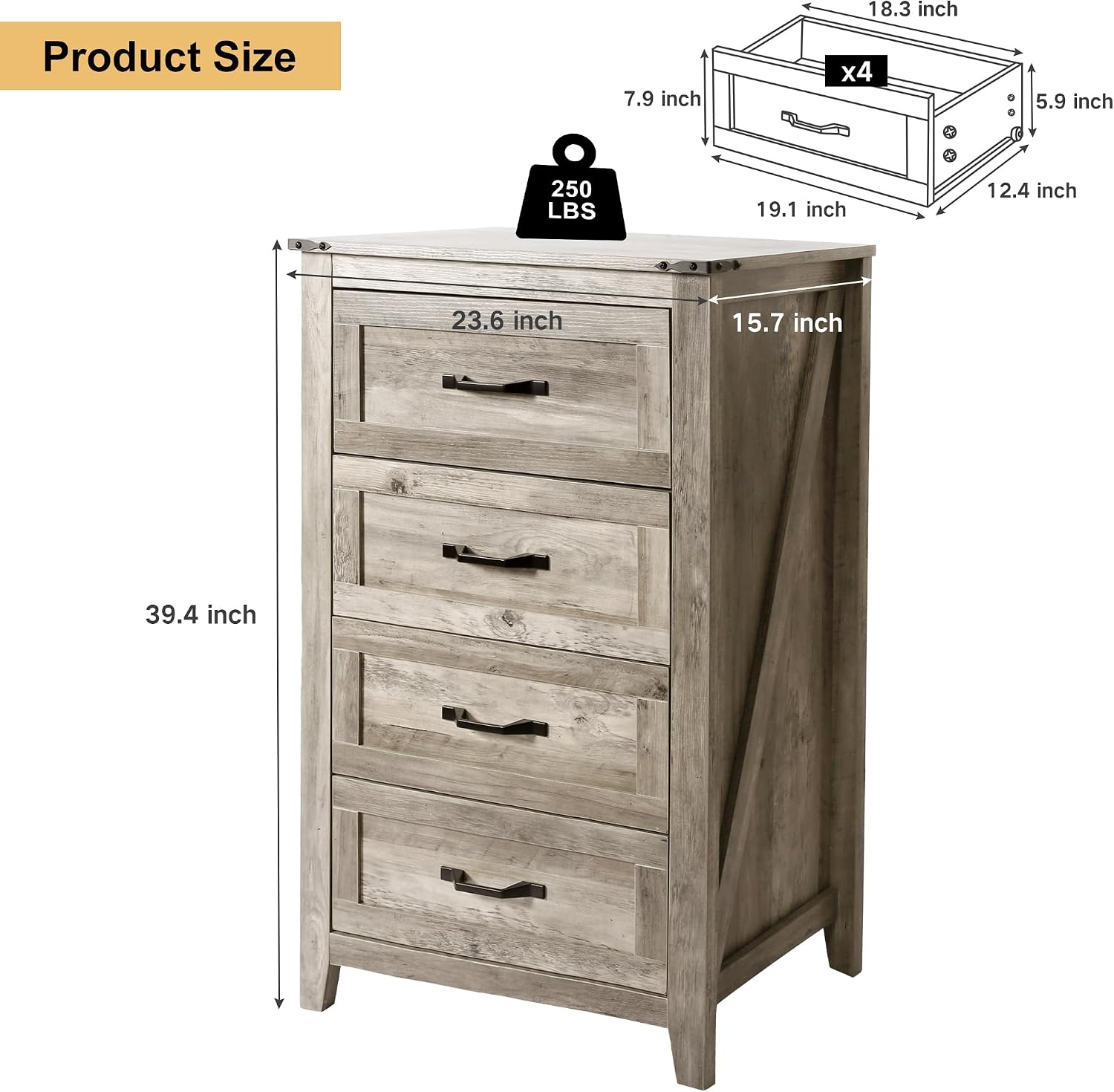 NEDYO Farmhouse 4 Drawer Dresser, 39' Tall Chest of Drawers, Wooden Dresser, Storage Organizer Cabinet for Bedroom Living Room Hallway and Entryway. Light Rustic Oak