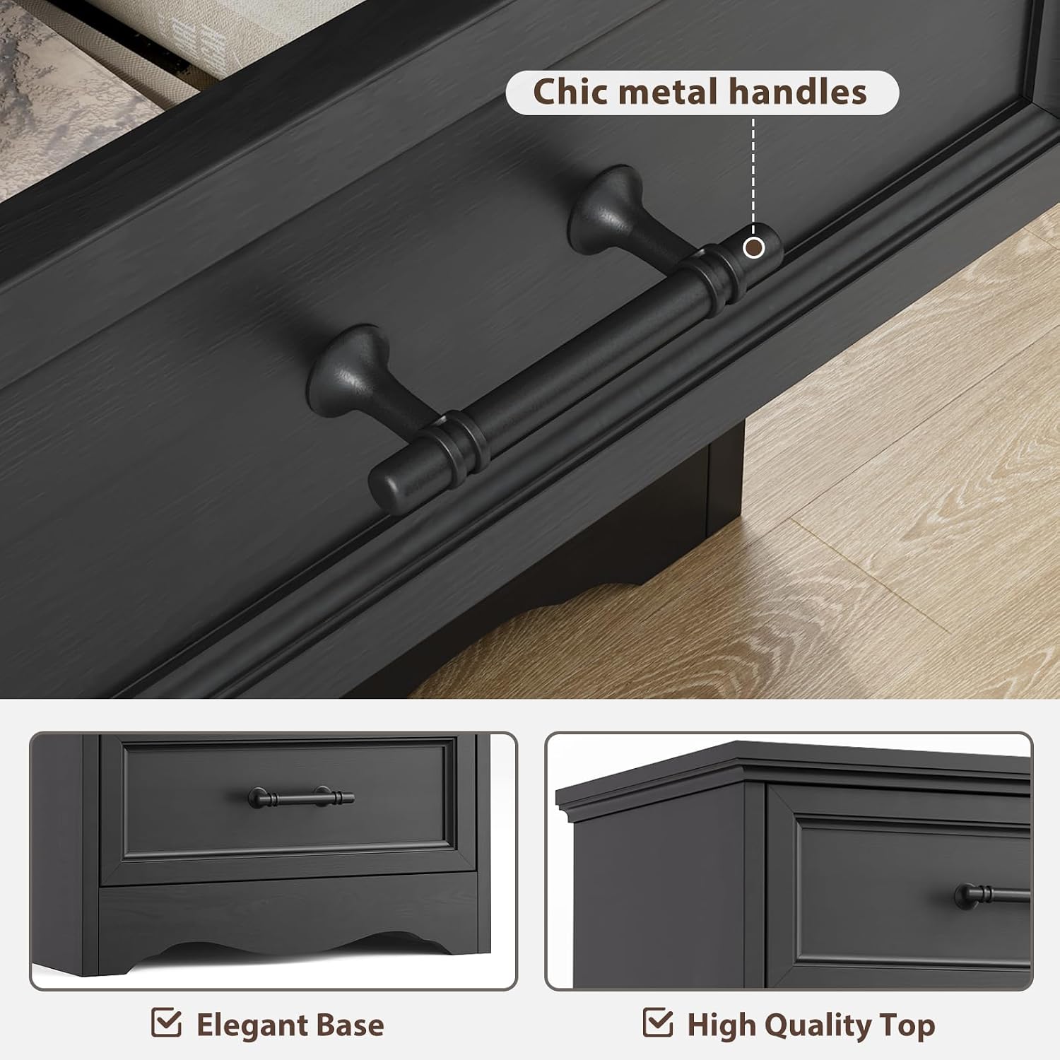 Bedroom Set, 3 Pieces Bedroom Furniture Set, 6 Drawer Dresser and 3 Drawers Nightstand with Charging Station, Farmhouse Storage Organizer Cabinet for Bedroom, Black