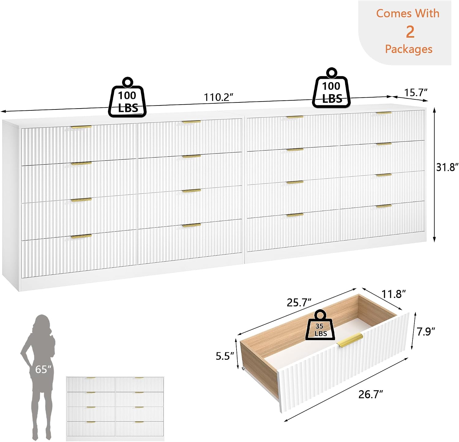Dresser for Bedroom Set of 2, Fluted 16 Drawers White Dresser Wooden, Modern Bedroom Furniture Set, TV Stand Long Dressers & Chests of Drawers for Closet(15.7' D x 110.2' W x 36' H)
