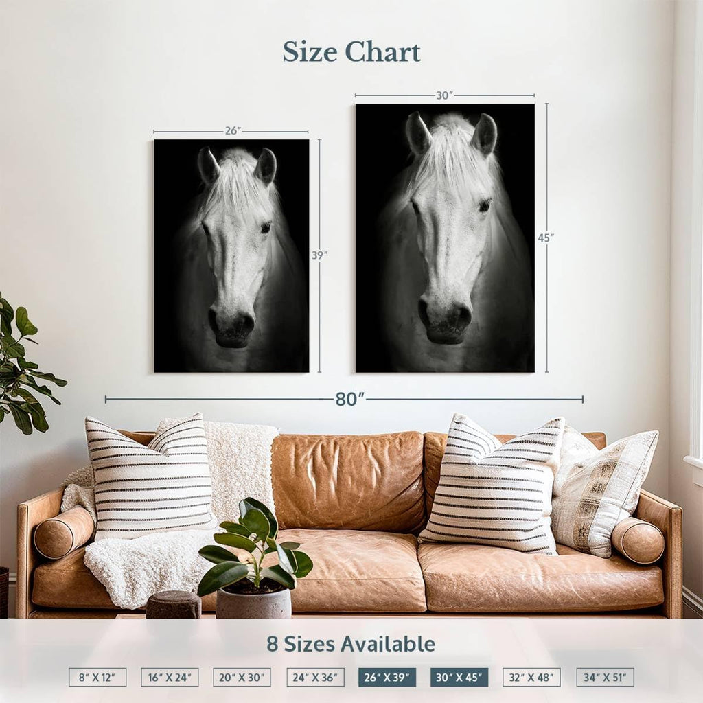 ElephantStock - White Thoroughbred Horse Wall Art - Vertical Canvas Wall Art - Living Room Wall Decor - Photography Animal Canvas Art - Black And White Decor - 26' x 39'