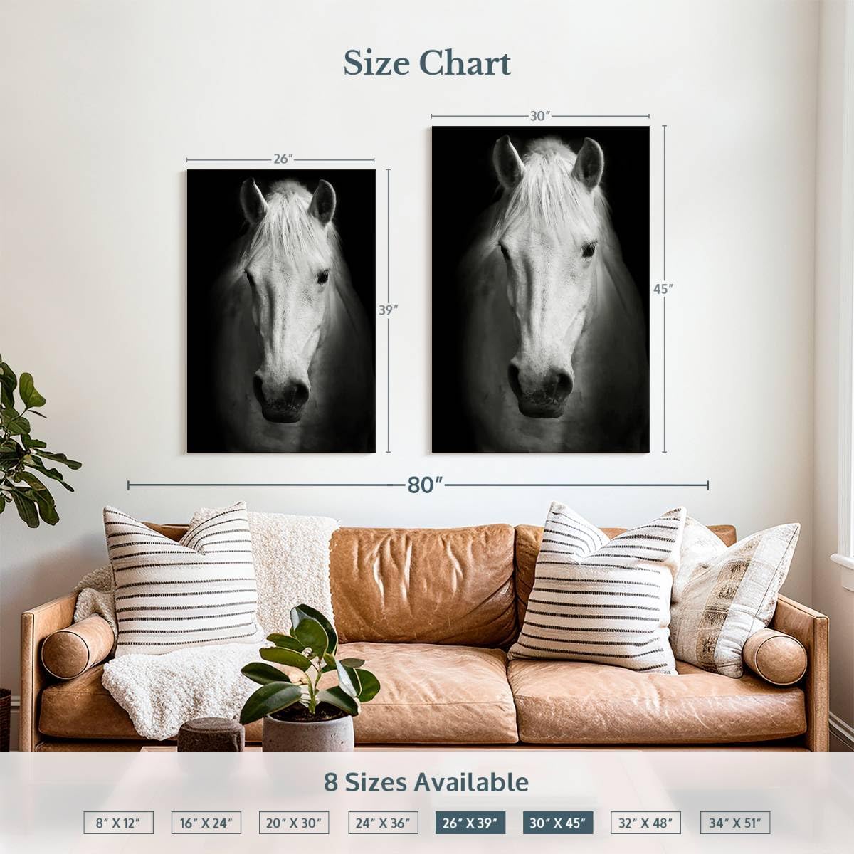 ElephantStock - White Thoroughbred Horse Wall Art - Vertical Canvas Wall Art - Living Room Wall Decor - Photography Animal Canvas Art - Black And White Decor - 26' x 39'