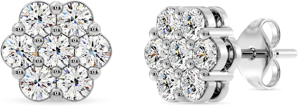 Gilded Lab-Grown Diamond 7 Stone Flower Earrings for Women in 925 Sterling Silver and 14KT Yellow Gold Plated Silver | Hypoallergenic Fine Jewelry | Hinged Closure | SI1 Clarity, F Color |1/4,1/2, 1,2 Carat Total Weight