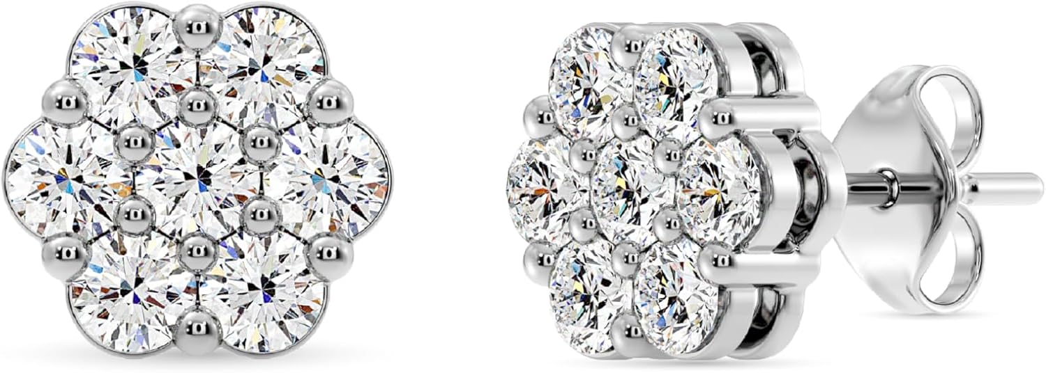 Gilded Lab-Grown Diamond 7 Stone Flower Earrings for Women in 925 Sterling Silver and 14KT Yellow Gold Plated Silver | Hypoallergenic Fine Jewelry | Hinged Closure | SI1 Clarity, F Color |1/4,1/2, 1,2 Carat Total Weight