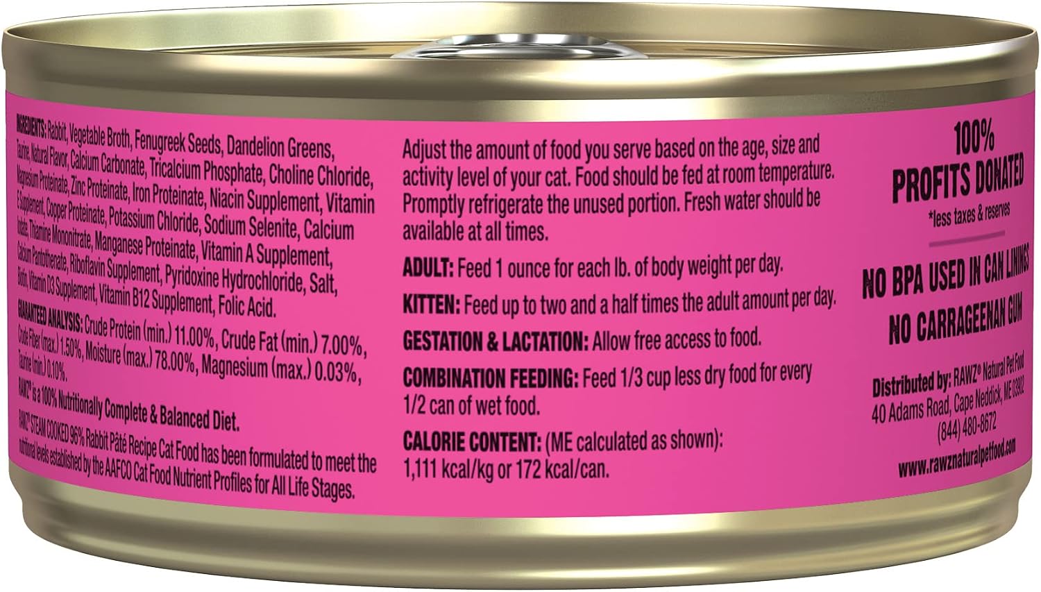 Rawz Natural Premium Pate Canned Cat Wet Food - Made with Real Meat Ingredients No BPA or Gums - 5.5oz Cans 24 Count (Rabbit)