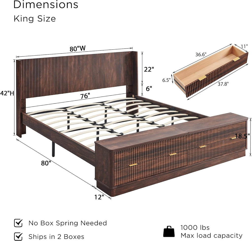 T4TREAM Fluted King Size Bed Frame with Wingback Headboard, Footboard Storage Bench with Built-in Drawers & Lift-Up Compartments, Wood & Steel Platform Bed, No Box Spring Needed, Dark Walnut