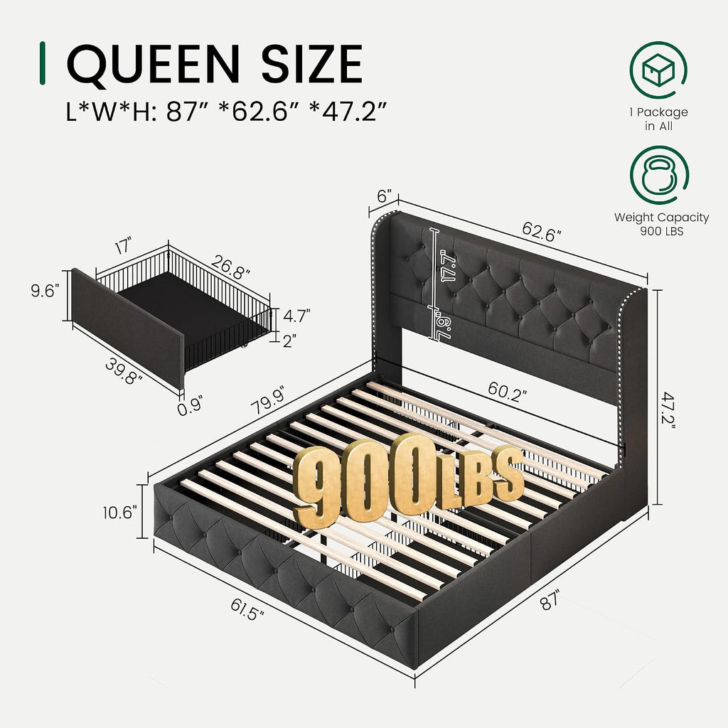 LARMACE Upholstered Queen Size Bed Frame with 4 Storage Drawers and 47.2' Tall Wingback Headboard Tufted Platform Bed Frame Linen Beds with Wooden Slats Support, Easy Assembly, Dark Grey