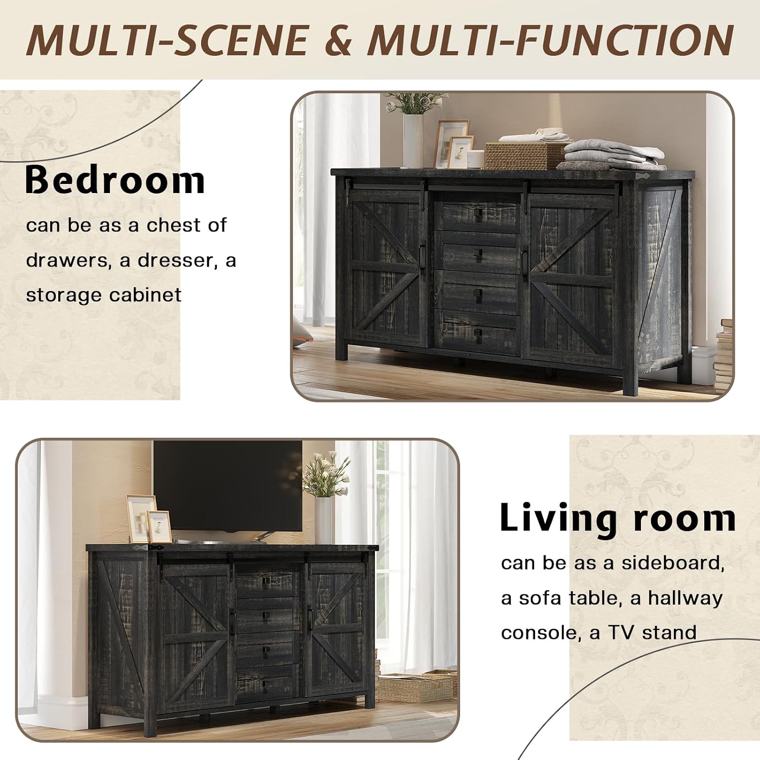 LUXOAK 3 Pieces Bedroom Set - Includes 60' Farmhouse Dresser, 48' Chest of Drawers with Sliding Barn Doors, 48' Tall Storage Cabinet with 5 Drawers, Oak Black