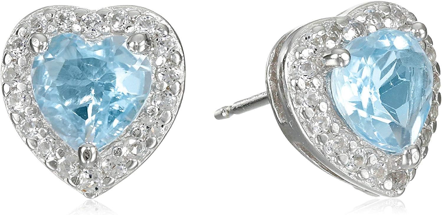 MORGAN & PAIGE .925 Sterling Silver Gemstones and White Sapphire Halo Heart Pendant Necklace, Ring and Stud Earrings for Women Set - Birthstone Jewelry Sets for Women, 18in Cable Chain, Size 7 Ring