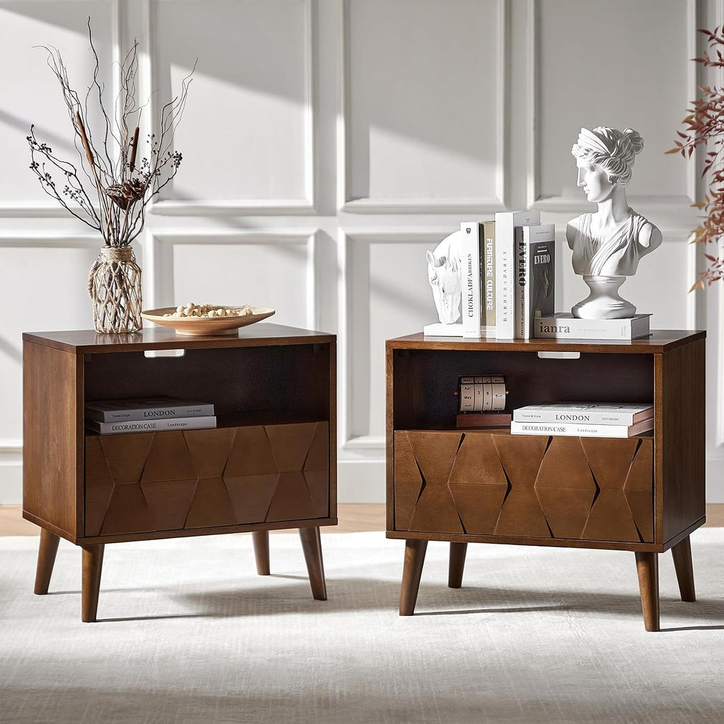 HULALA HOME Mid Century Modern Nightstand with Solid Wood Legs,Drawer Organizer with Charging Station, Geometric Pattern Nightstand Set of 2, Walnut