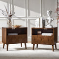 HULALA HOME Mid Century Modern Nightstand with Solid Wood Legs,Drawer Organizer with Charging Station, Geometric Pattern Nightstand Set of 2, Walnut