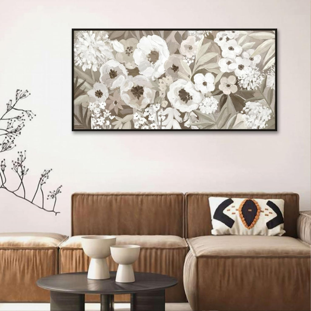 Framed Floral Canvas Wall Art, Gray and White Flowers Artwork For Living Room Bedroom Office Decor, 24 x 48 Inch