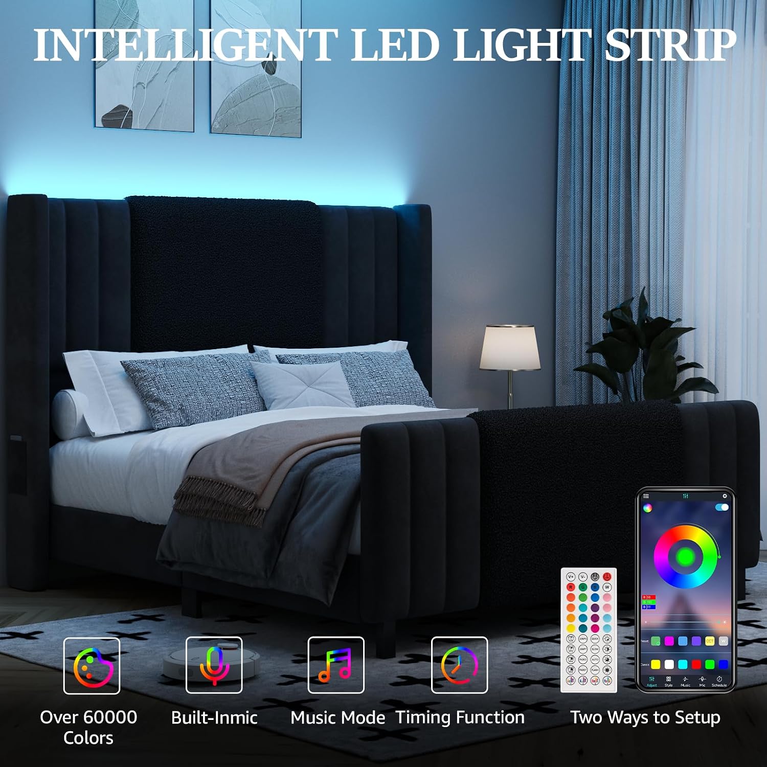 Lihimte Queen Size Bed Frame with Tall Headboard and Footboard, Boucle and Velvet Upholstered Bed Frame Queen with LED Lights, Modern Platform Bed Frames, Noiseless, Easy Assembly, Black