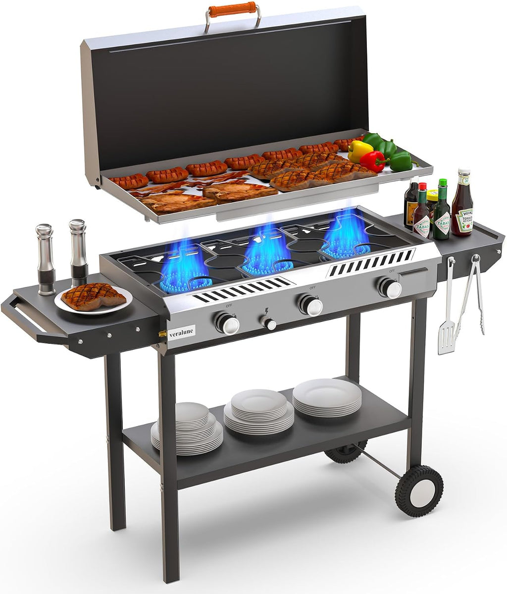 Veralune 2 in 1 Flat Top Gas Grill with Lid, Propane Gas Griddle, Outdoor Griddle Grill, Folding Side Shelves, Push-Button Ignition, Large Cooking Area