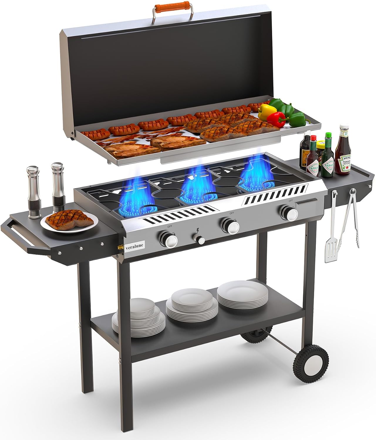 Veralune 2 in 1 Flat Top Gas Grill with Lid, Propane Gas Griddle, Outdoor Griddle Grill, Folding Side Shelves, Push-Button Ignition, Large Cooking Area