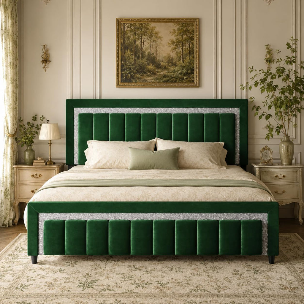 HOMBCK King Size Bed Frame with Diamond Headboard and Footboard, Velvet Upholstered Platform Bed with Wooden Slats, No Box Spring Needed, Easy Assembly, Green