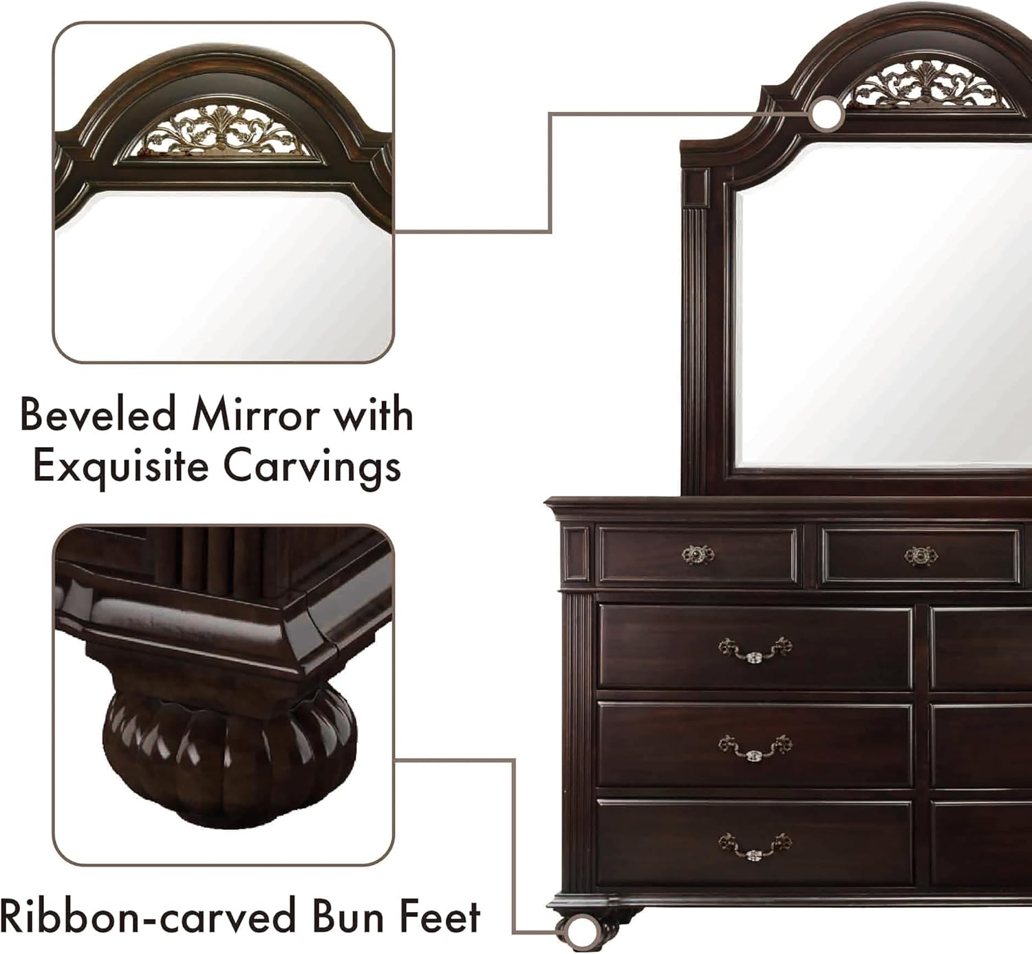 24/7 Shop at Home Syracuse 6-Piece Traditional Solid Wood Bedroom Set with Chest, Mirrored-Dresser and 2 Nightstands, Box Spring Required for Bedroom, Guest Room, Queen, Walnut