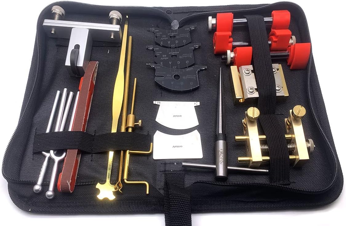 19pcs Violin Bridge Fitting Tool Include Crack Repair Tuning Fork Bridge Clamp Sound Post Setting Fingerboard Template Tool with Carry Bag Luthier Tool for Violin Repair Maintenance