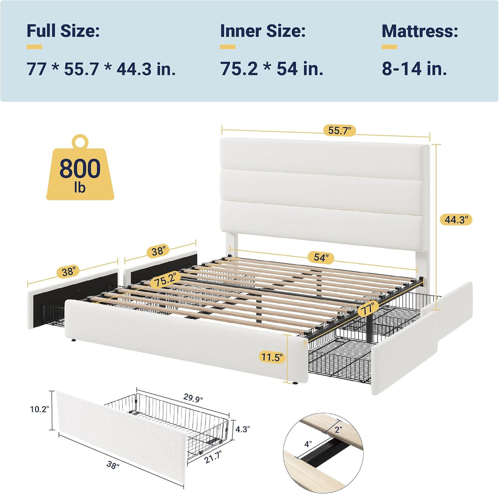 Allewie Modern Full Size Platform Bed Frame with 4 Storage Drawers and Velvet Upholstered Headboard, Wooden Slats Support, Upholstered Mattress Foundation/No Box Spring Needed/Easy Assembly, White