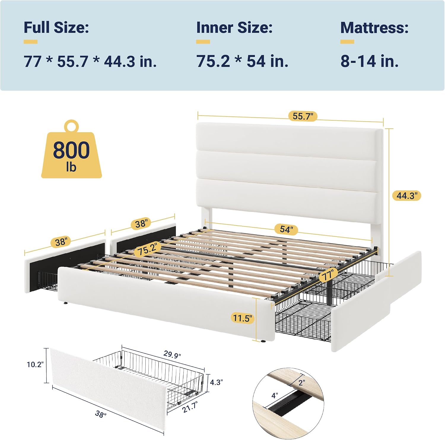 Allewie Modern Full Size Platform Bed Frame with 4 Storage Drawers and Velvet Upholstered Headboard, Wooden Slats Support, Upholstered Mattress Foundation/No Box Spring Needed/Easy Assembly, White