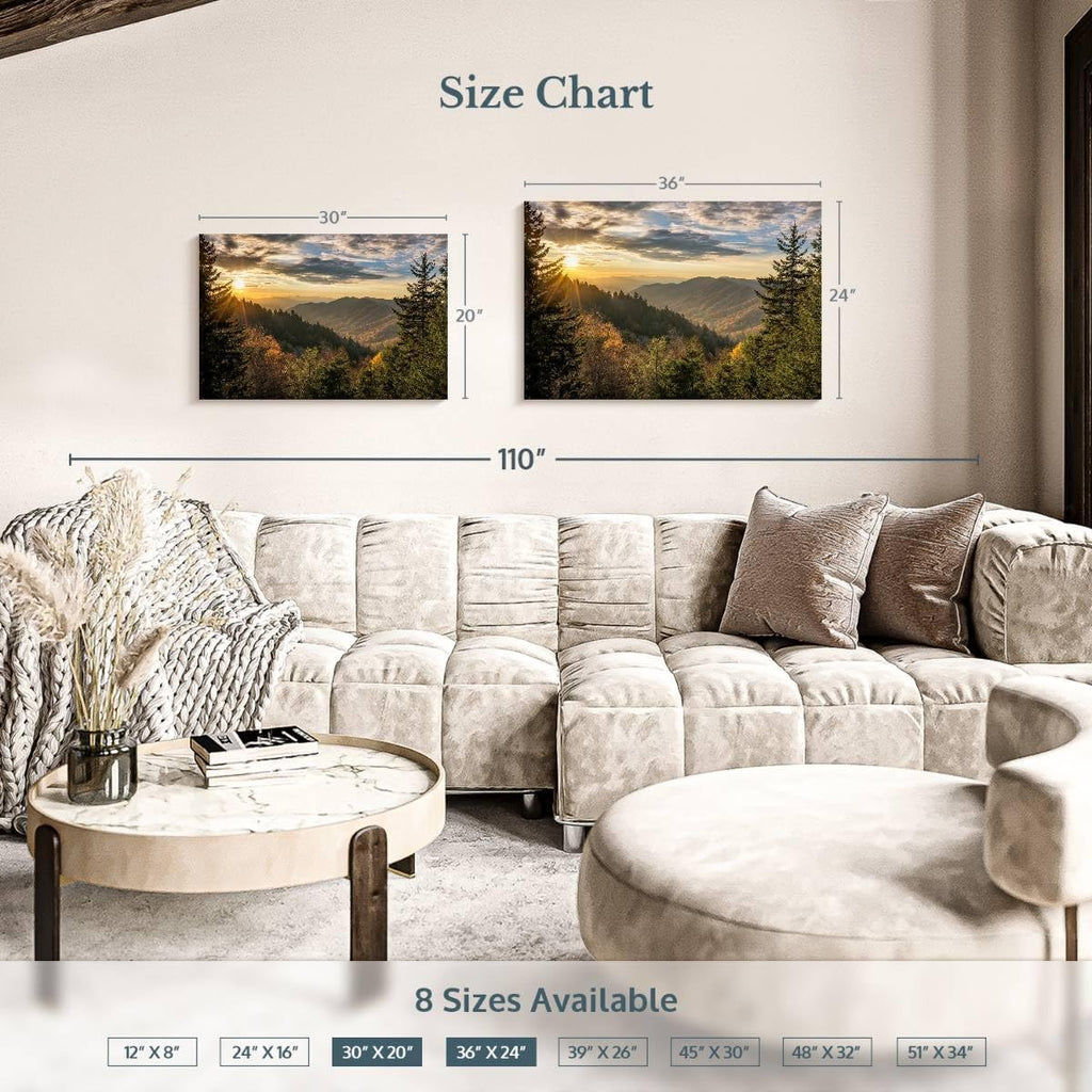 ElephantStock Sunrise In Smoky Mountains Canvas - 1 Panel Mountain Pictures Wall Decor - Nature Wall Art, Mountain Canvas Photography - Mountains Wall Art for Nature Lovers - 36' X 24'