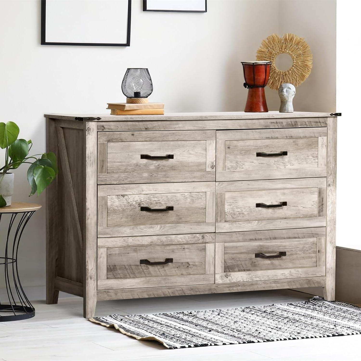 NEDYO Farmhouse Dresser and Nightstand Sets, Rustic Wooden Bedroom Set, 2PCS Dresser Set Including 6 Drawer Dresser & Nightstand with Charging Station. Light Rustic Oak