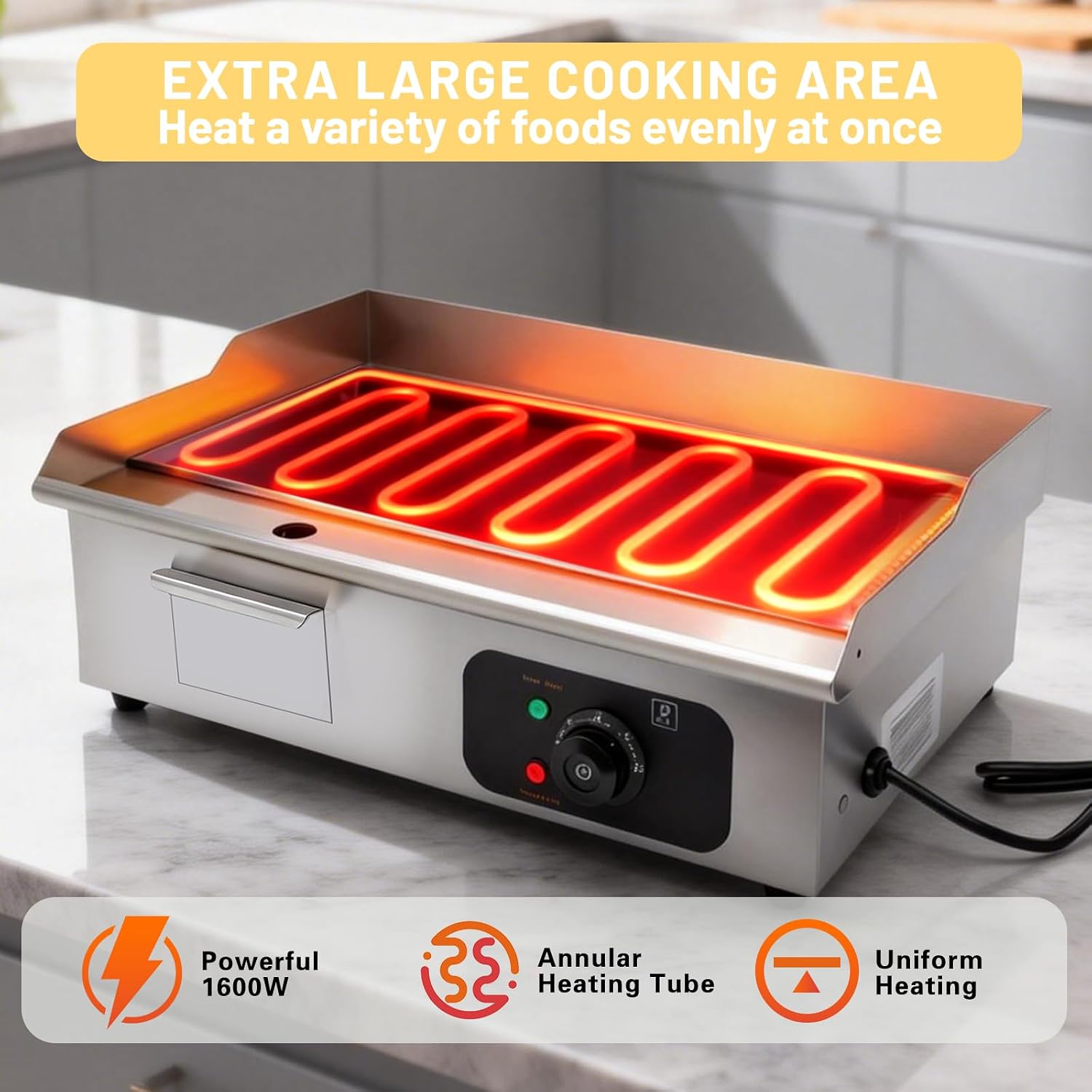 Commercial Electric Griddle 22', 1600W Countertop Flat Top Grill, Stainless Steel Griddle with 122-572°F Adjustable Temp & Removable Oil Basket for Restaurant Home Use