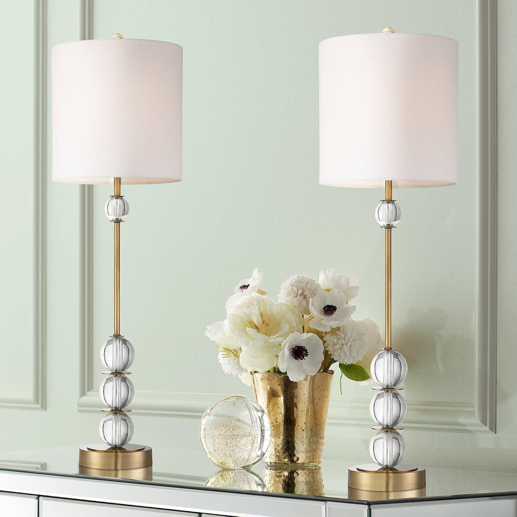 Vienna Full Spectrum Halston Modern Buffet Table Lamps Set of 2 with Dimmer 32 1/2' Tall Skinny Brass Metal Stacked Crystal Off-White Fabric Drum Shade Living Family Room Dining House Home Office