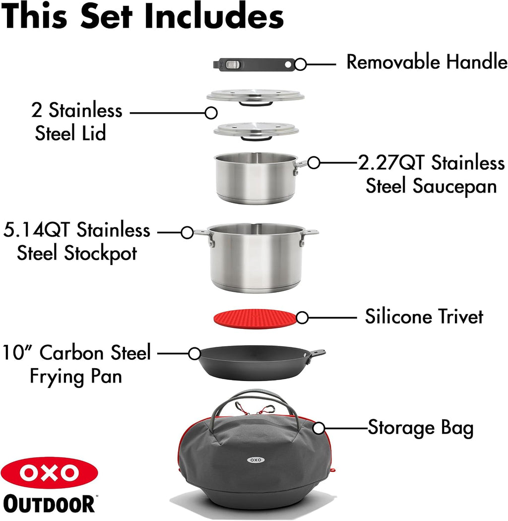 OXO Outdoor 8 Piece Camping Cookware Set, 10' Pre-Seasoned Carbon Steel Frying Pan Skillet, 2.25QT and 5QT Stainless Steel Saucepans with Lids, Removeable Handle, Trivet, Travel Bag, Space-Saving