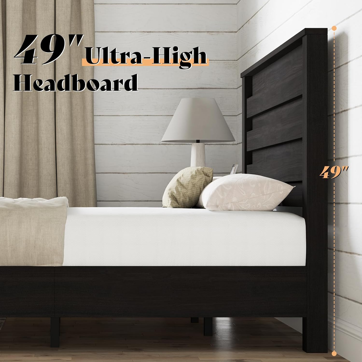 AMERLIFE Farmhouse Queen Size Bed Frame with 49' Tall Headboard, Platform Bed with Natural Wood Grain, No Box Spring Needed/Noise Free, Black