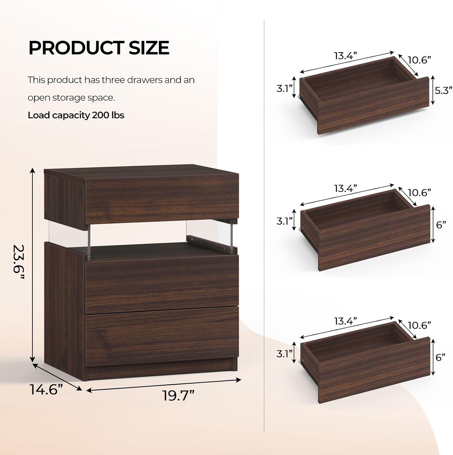 i-aplus Brown LED Nightstand Set of 2,Night Stand Set 2,Modern Night Stand with 3 Drawers,Night Stands for Bedroom Set of 2,Bedside Table Suitable for Small Spaces and Indoor use Capabilities