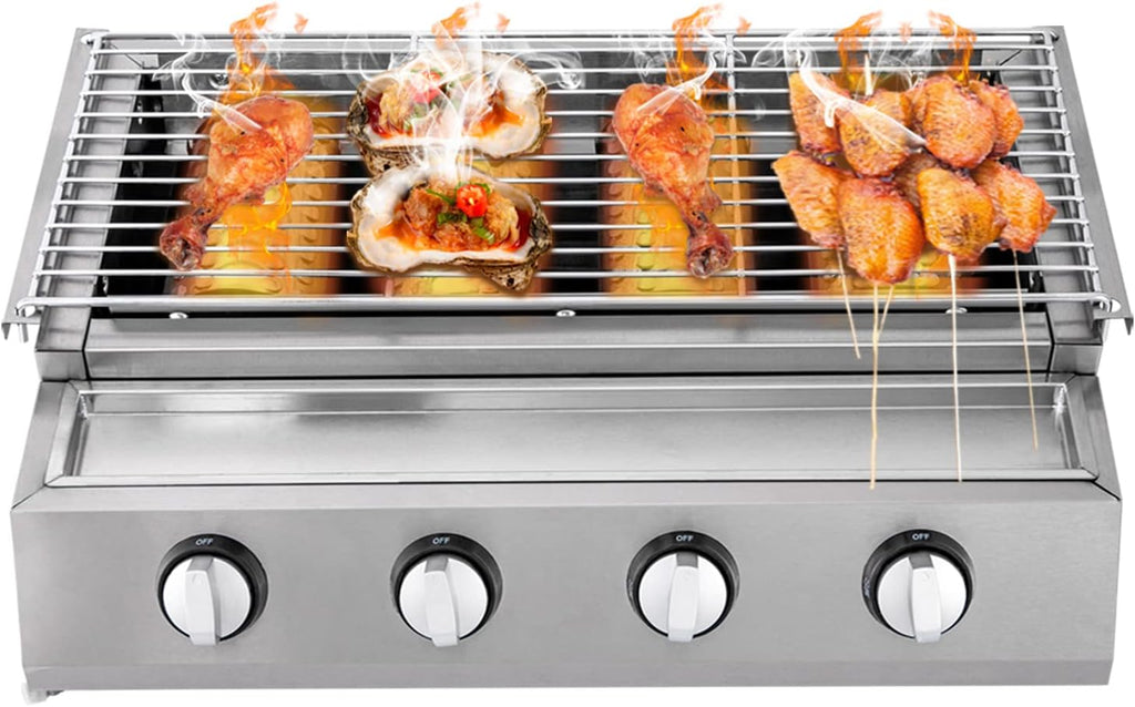 22inch 4 Burner BBQ Gas Grill Griddle, Portable Stainless Steel Tabletop Grill Lightweight Garden Barbecue Grill Adjustable Height Outdoor BBQ Cooker for Camping Backyard Cooking