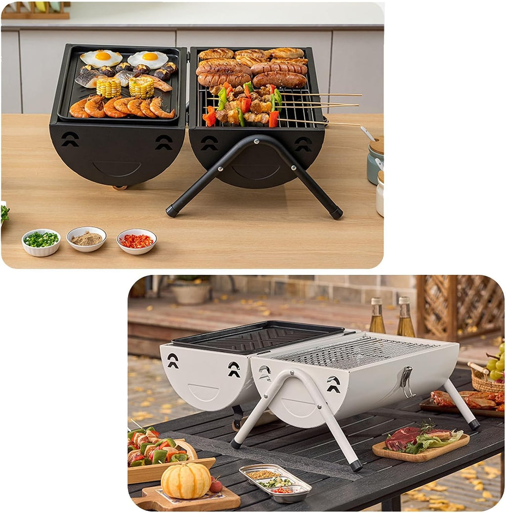 Charcoal Grills with Smoker and Griddle Portable Small Bbq Grill with Lid and Handle for Outdoor Camping Cooking Party Picnic Patio Backyard(White)