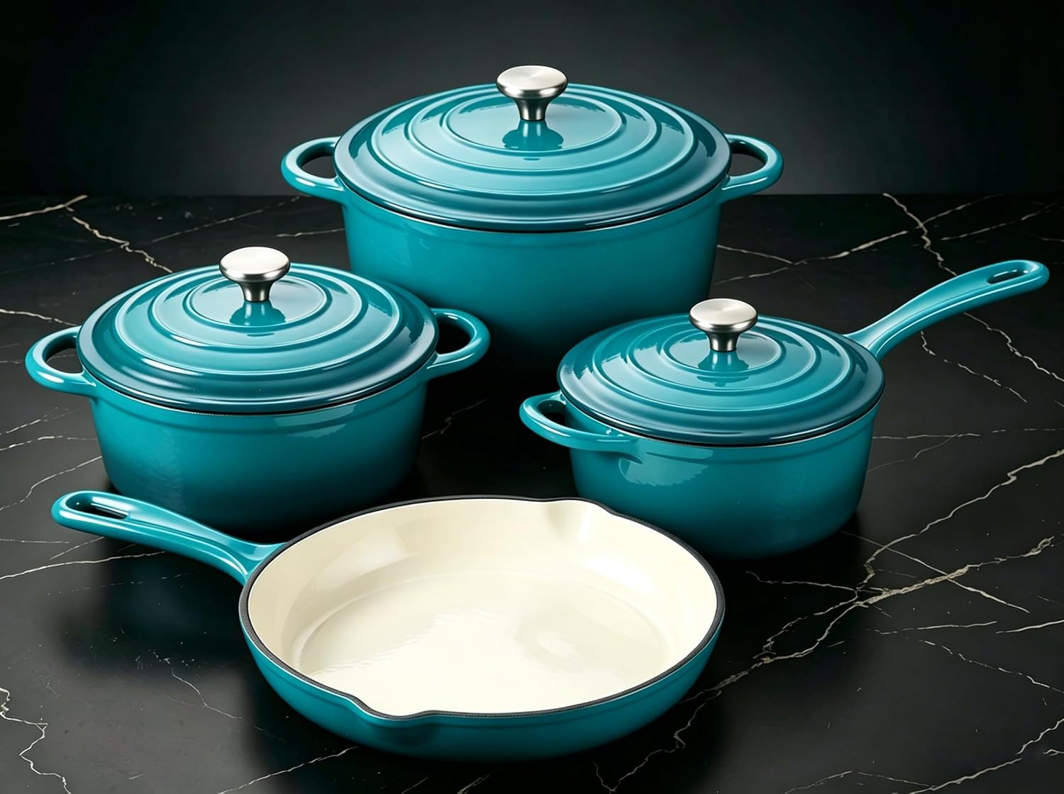 QuliMetal Enameled Cast Iron Cookware Set, 4-Piece Pots and Pans Set with Lids, 10.25' Skillet, 2QT Saucepan, 2.8QT & 4.8QT Dutch Ovens, Oven Safe to 500°F, All Stovetops Compatible - Teal