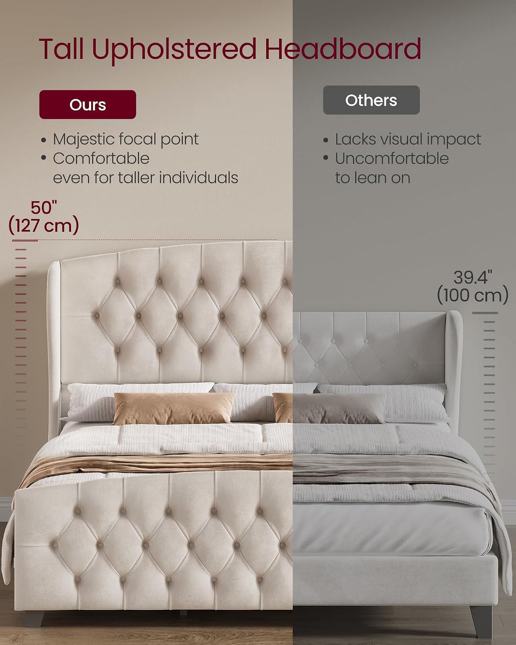 VASAGLE Queen Bed Frame with Tall Headboard, Upholstered Platform Bed Frame Queen Size, with Wingback Tufted Headboard and Footboard, Wooden Slats, No Box Spring Needed, Cappuccino Beige URMB881W01