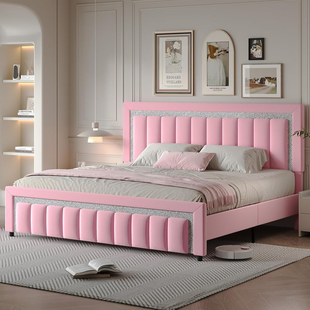 HOMBCK King Size Bed Frame, Velvet Upholstered Bed with Diamond Headboard, Modern Bed King Szie with Wooden Slats Support, No Box Spring Needed, Easy Assembly, Pink