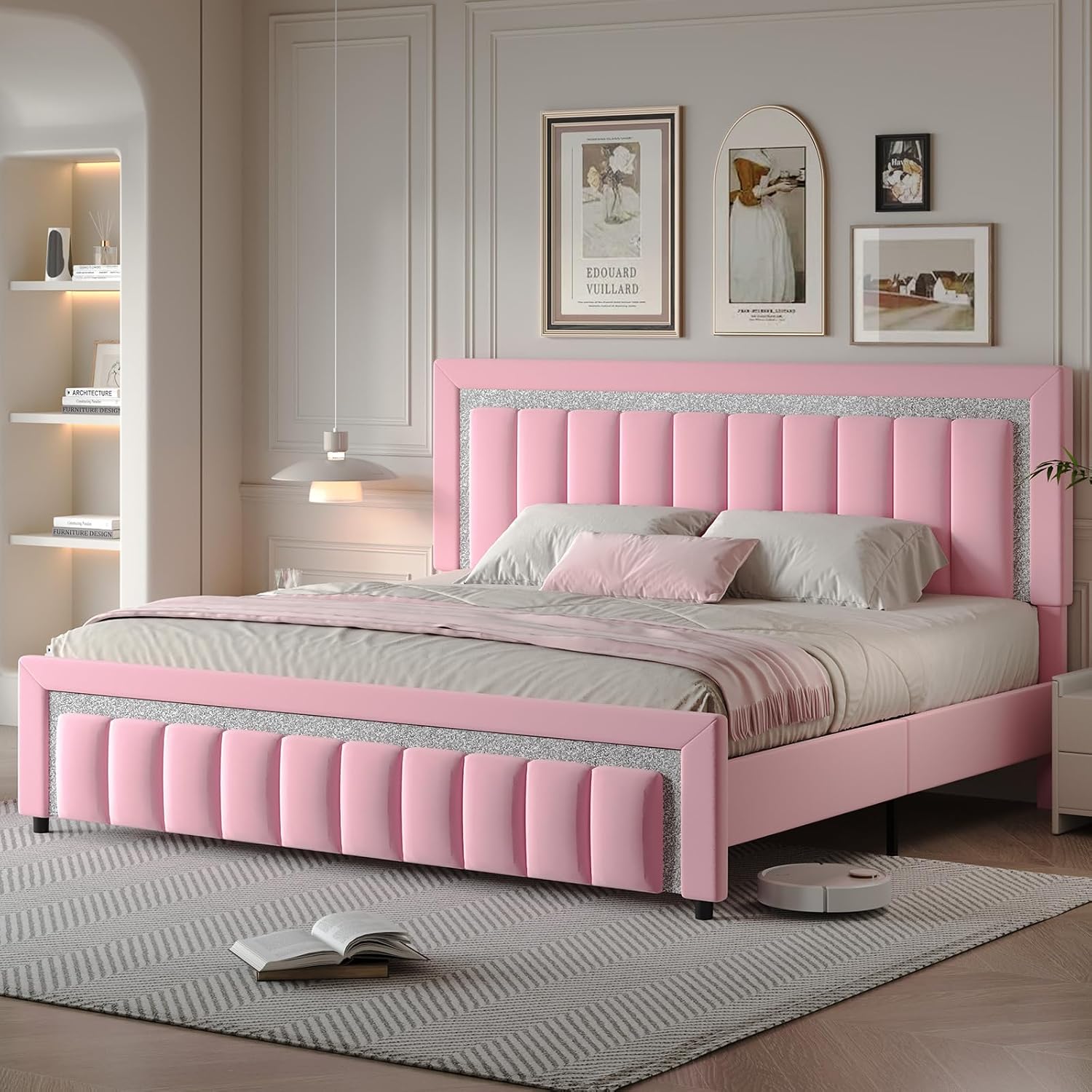 HOMBCK King Size Bed Frame, Velvet Upholstered Bed with Diamond Headboard, Modern Bed King Szie with Wooden Slats Support, No Box Spring Needed, Easy Assembly, Pink