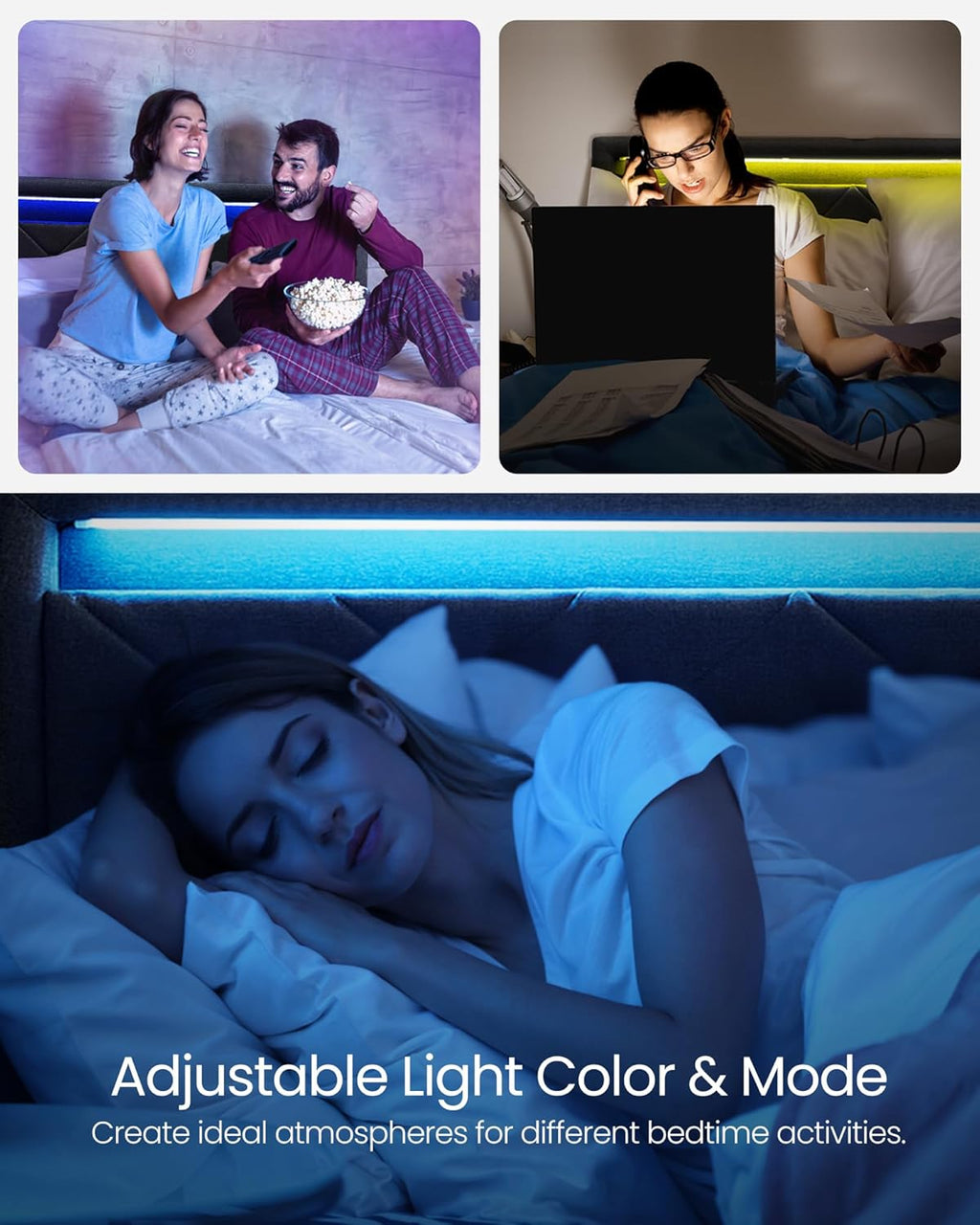VASAGLE LED Bed Frame Full Size, Full Bed with Headboard and 4 Drawers, 1 USB Port and 1 Type C Port, Adjustable Upholstered Headboard 37.1/39.6 Inches, No Box Spring Needed, Dark Gray URMB822G71