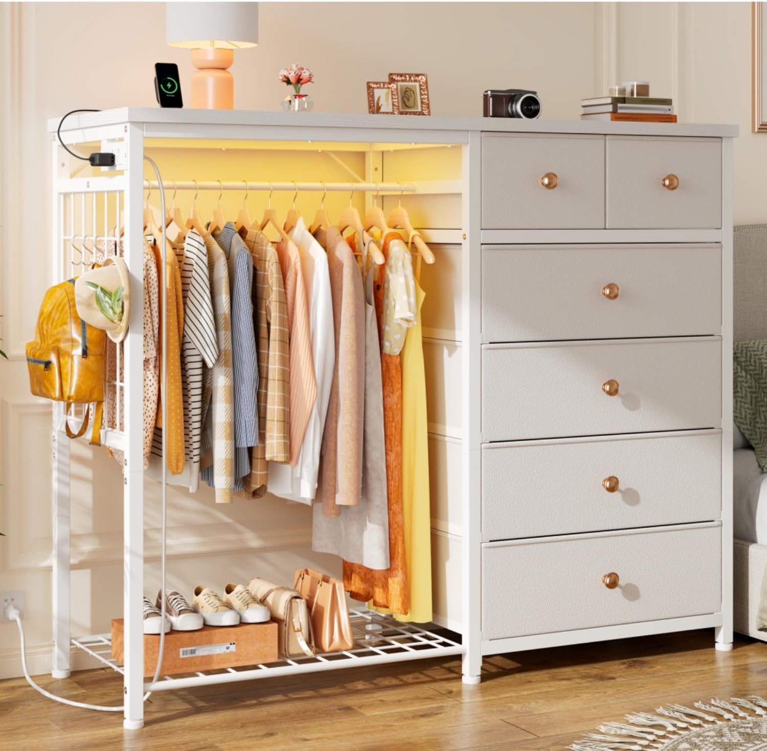 EnHomee 49.2' W Dresser with Hanging Rack & 6 Fabric Drawers for Bedroom, Featuring LED Lights and Charging Station, White Fabric Dressers & Chest of Drawers with Grid Panel & 4 Hooks, Wooden Top