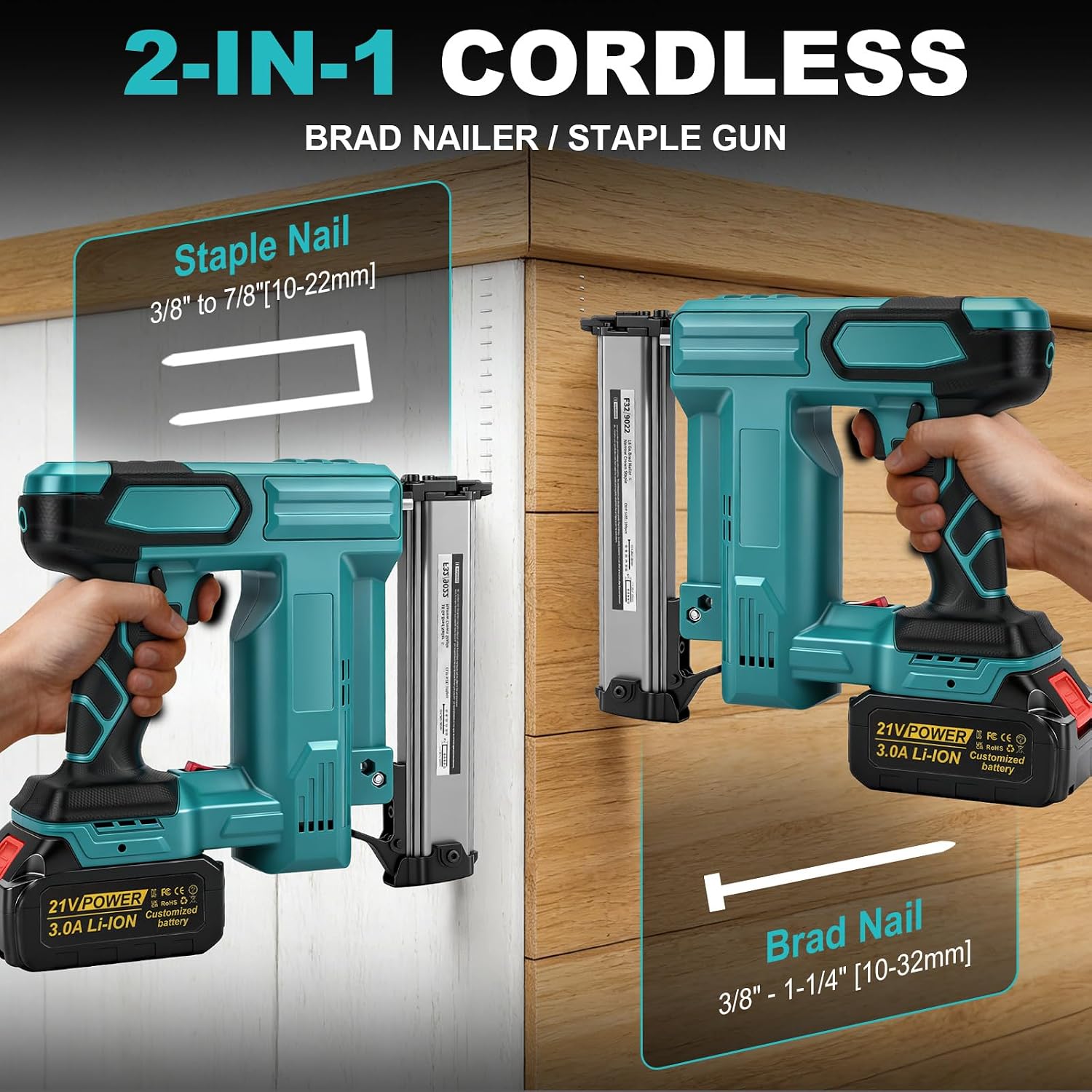 18GA Cordless Brad Nailer with 2 x 3.0Ah Battery for Makita 18V, 2 in 1 Electric Nail Gun/Staple Gun, 500 Nails & 500 Staples, Single & Contact Firing Modes for Home Improvement, DIY Woodworking