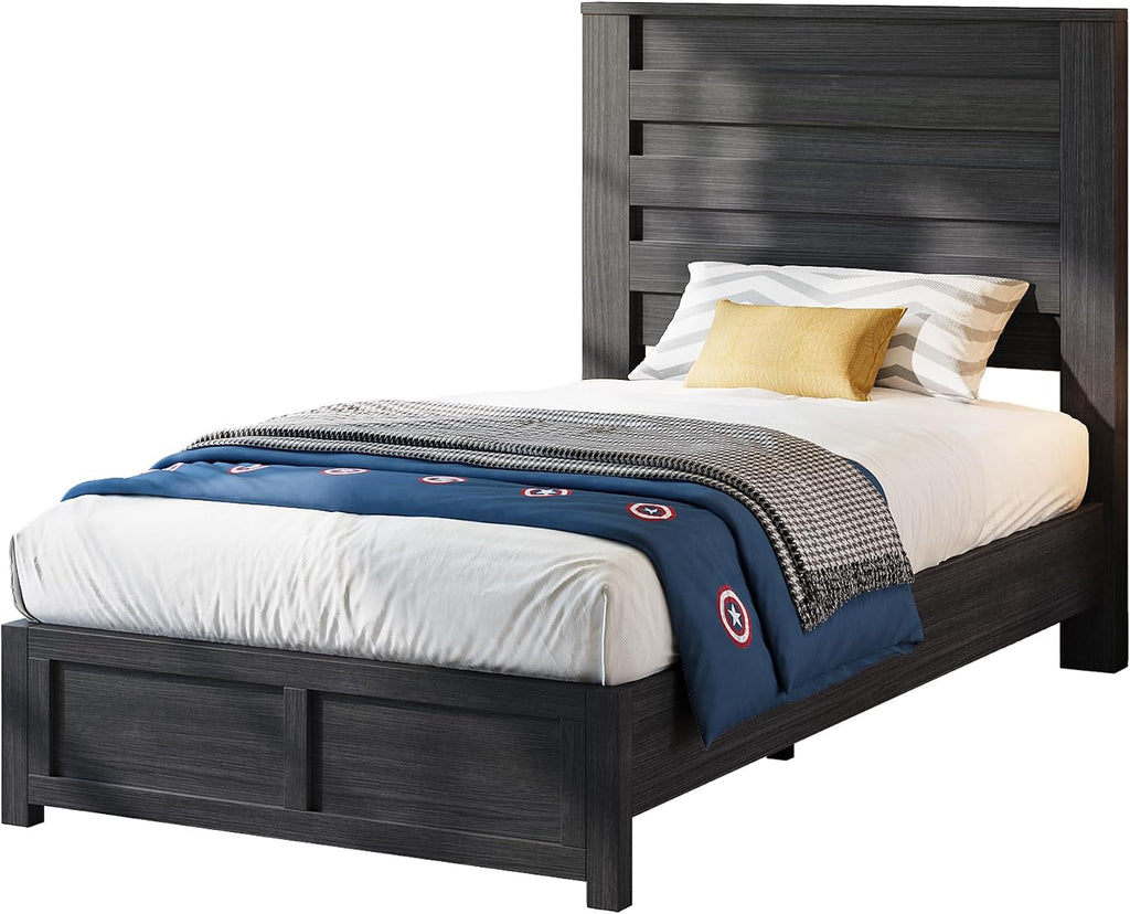 AMERLIFE Farmhouse Twin Bed Frame with 49' Fluted Headboard, Platform Bed with Natural Wood Grain Finish, Noise Free, No Box Spring Needed, Black
