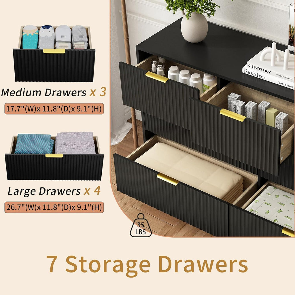 7 Drawer Dresser and Nightstand Sets for Bedroom, 3 Pcs Bedroom Set，Night Stand Set of 2 & 7 Drawer Dresser with Gold Handles, Modern Wood Chest of Drawers Storage Cabinet Set, Black