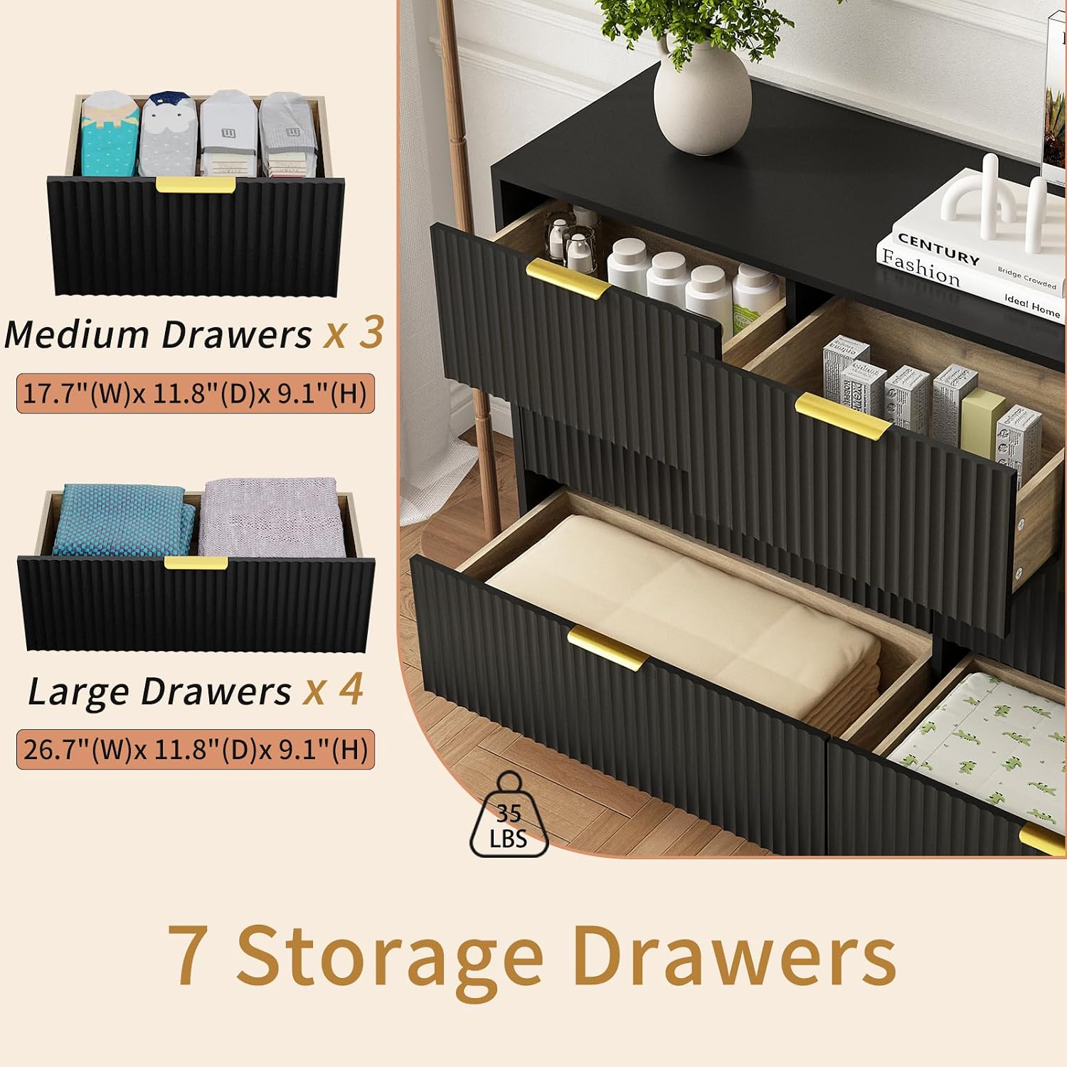7 Drawer Dresser and Nightstand Sets for Bedroom, 3 Pcs Bedroom Set，Night Stand Set of 2 & 7 Drawer Dresser with Gold Handles, Modern Wood Chest of Drawers Storage Cabinet Set, Black