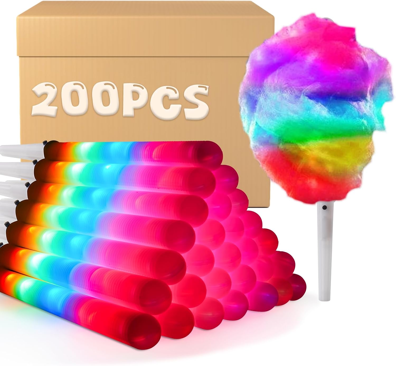200 Pcs LED Cotton Candy Sticks – Waterproof Reusable Light-Up Cones – Glow in the Dark Candy Holders – Vibrant Flashing Colors – Party Supplies for Christmas, Birthdays, Weddings & Festivals