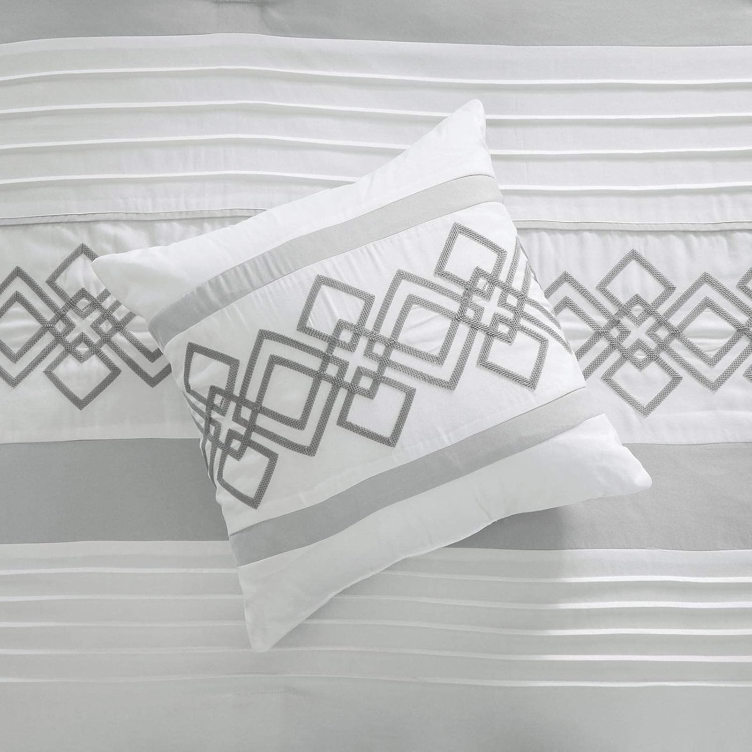 Chezmoi Collection Ariel 7-Piece Gray Geometric Chenille Embroidery Pleated Striped Comforter Bedding Set, Oversized King Size
