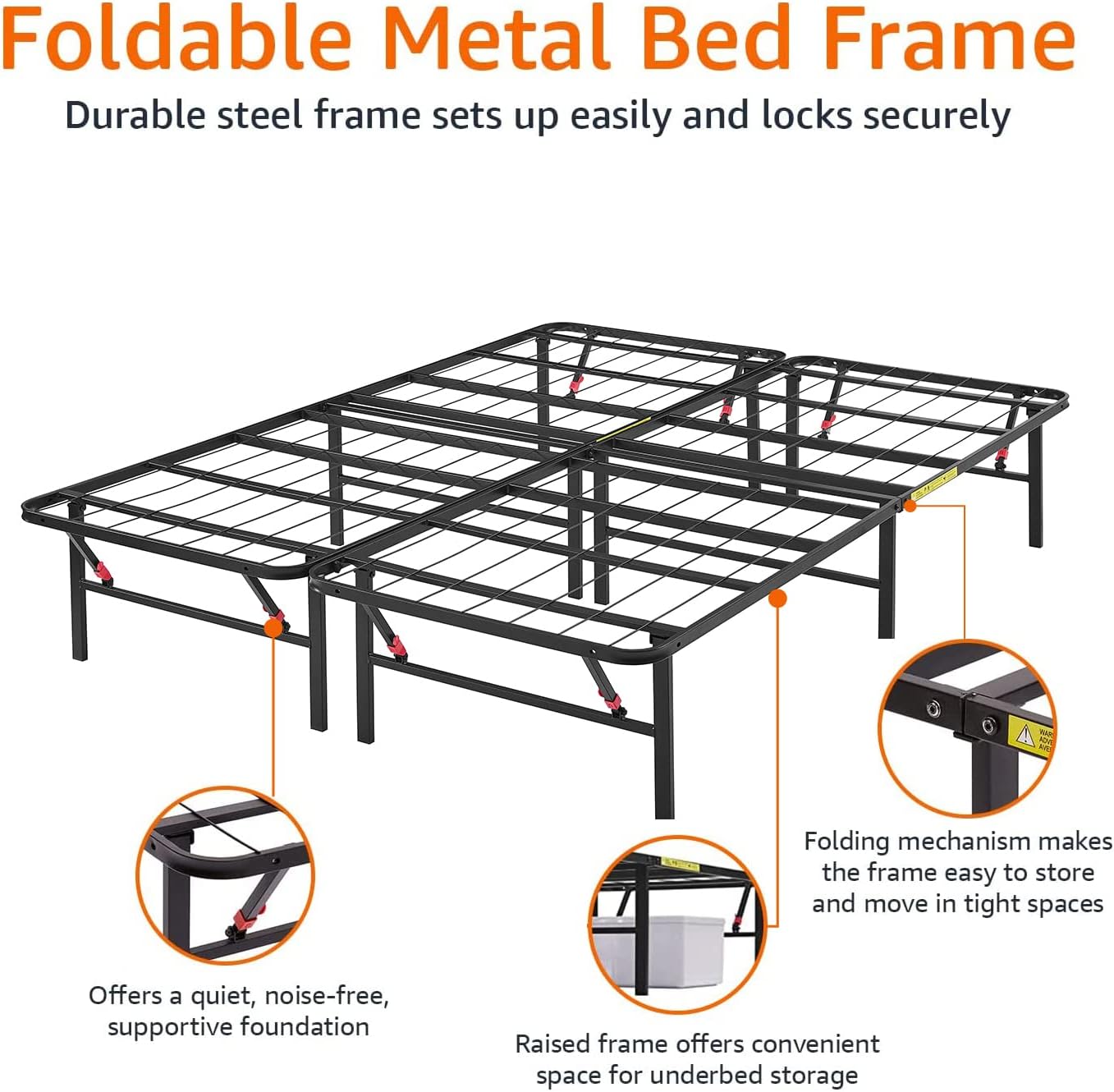 Amazon Basics Bed Frame with Storage, Foldable Metal Platform, Sturdy Steel, No Box Spring Needed, 14 inches High, Tool-Free Easy Assembly, Noise-Free, King Size, Black