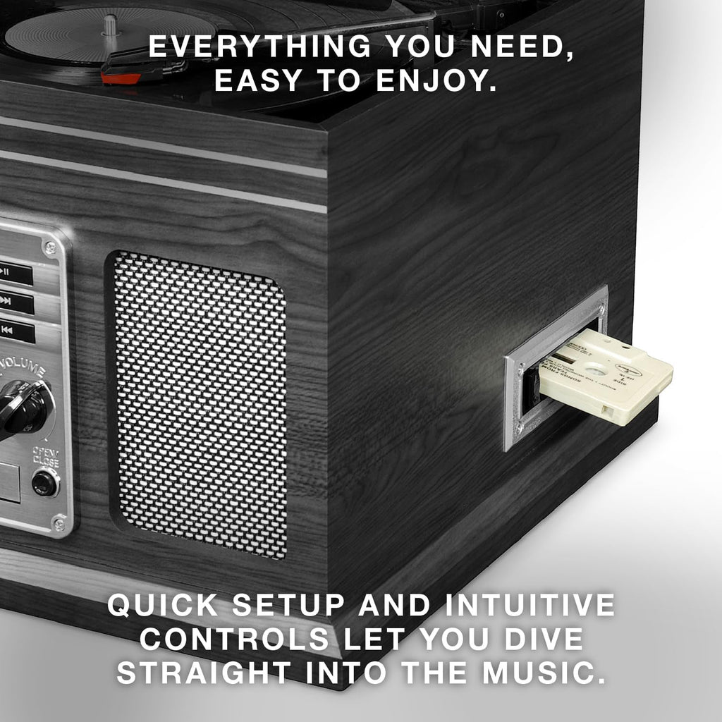 Victrola The Quincy 6-in-1 Bluetooth Record Player & Multimedia Center with Built-in Speakers – 3-Speed Turntable, CD & Cassette Player, FM Radio, Wireless Music Streaming (Grey Wood)
