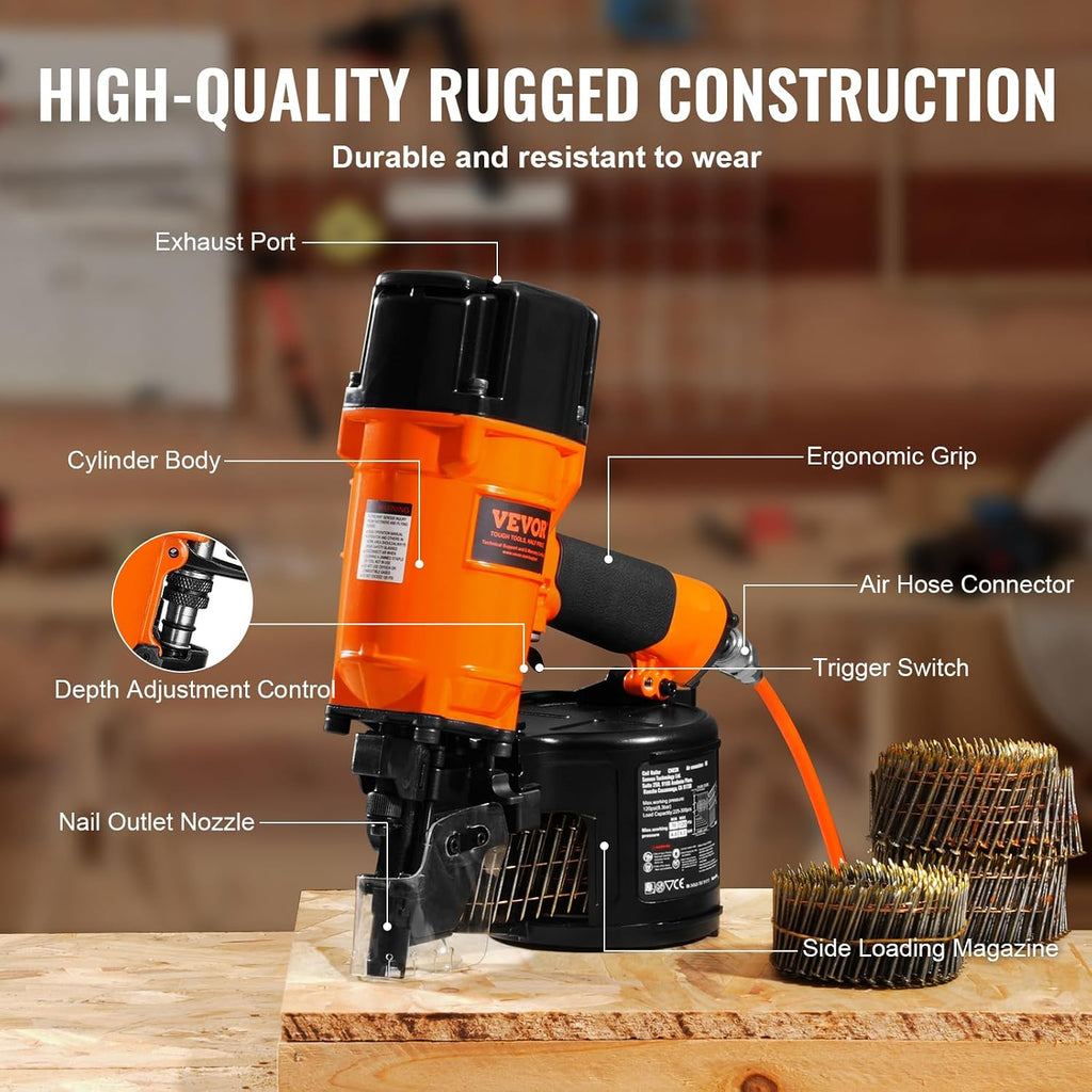 VEVOR Coil Siding/Framing Nailer CN83N, 2' to 3-1/4' 15 Degree Pneumatic Siding Nail Gun with Tool-Less Depth Adjustment, 70-120PSI Air Coil Nailer for Siding Sheathing Wooding Fencing Decking